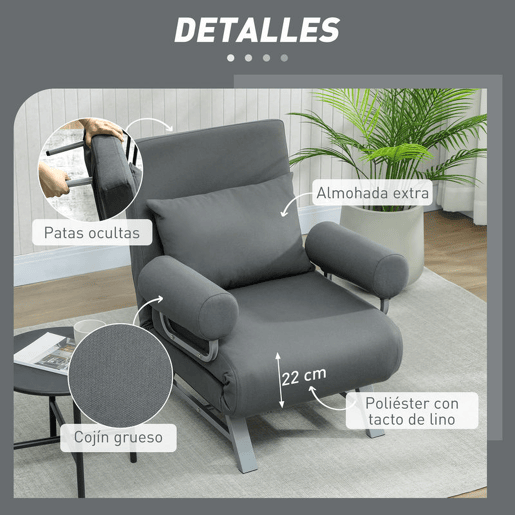 HOMCOM Sofá Cama de 1 Lugar 3 em 1 Sofá Cama Dobrável Estofado em Linho Sintético com Encosto Ajustável em 5 Níveis e Almofada Acolchoada para Escritório Quarto Sala de Estar 73x78x81 cm Cinzento Escuro