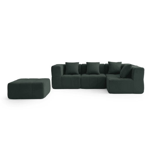 Sofá de canto modular de 4 lugares com chaise longue, tecido bouclé na cor verde floresta