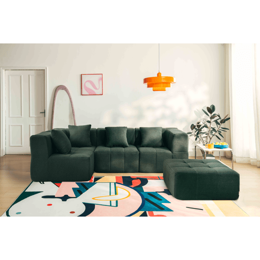 Sofá de canto modular de 4 lugares com chaise longue, tecido bouclé na cor verde floresta