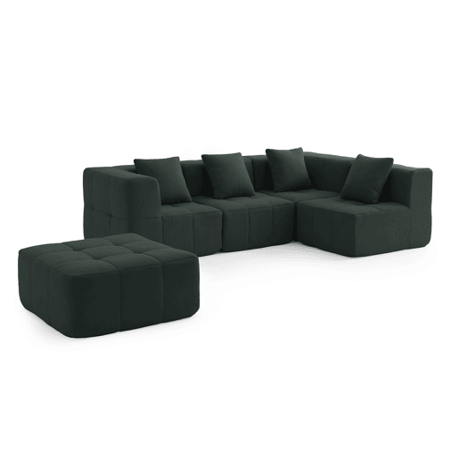 Sofá de canto modular de 4 lugares com chaise longue, tecido bouclé na cor verde floresta