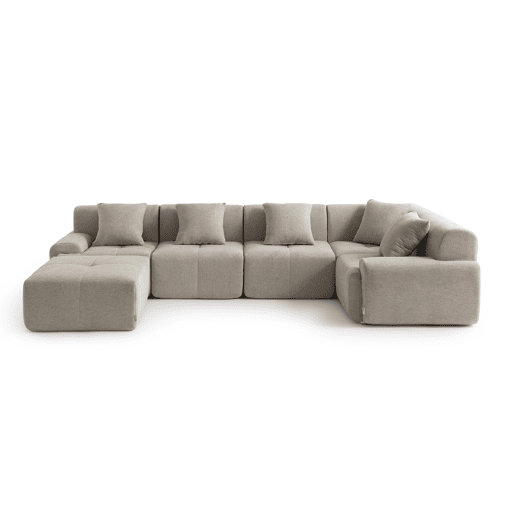Sofá de canto modular de 5 lugares com chaise longue, tecido chenille na cor bege areia