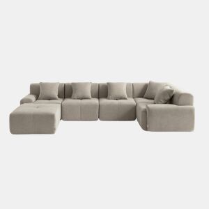 Sofá de canto modular de 5 lugares com chaise longue, tecido chenille na cor bege areia