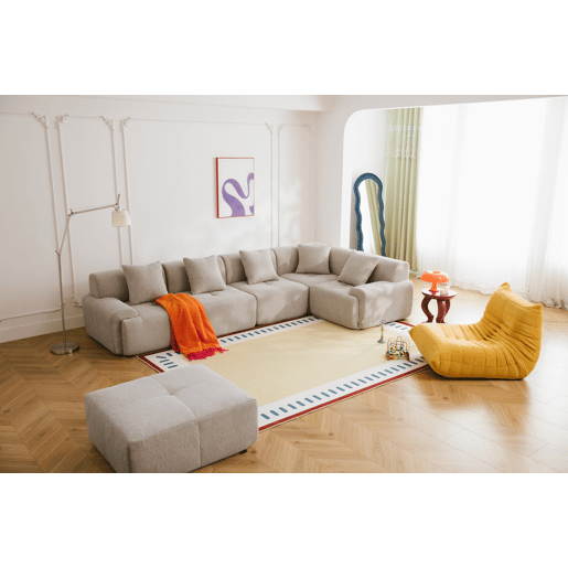 Sofá de canto modular de 5 lugares com chaise longue, tecido chenille na cor bege areia