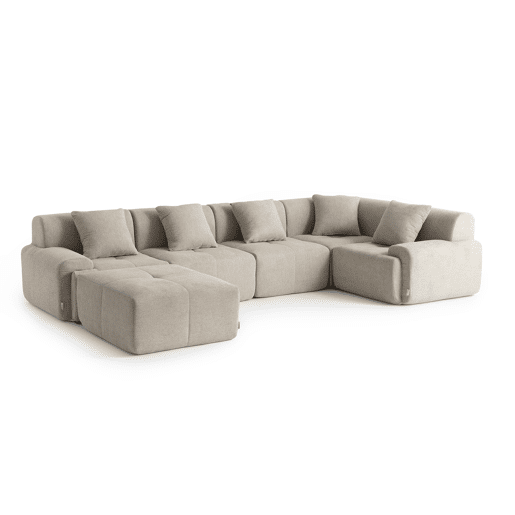 Sofá de canto modular de 5 lugares com chaise longue, tecido chenille na cor bege areia
