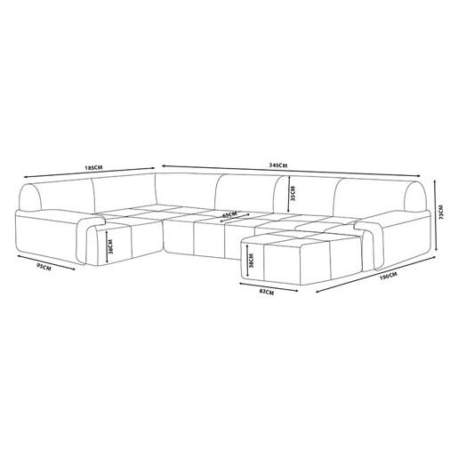 Sofá de canto modular de 5 lugares com chaise longue, tecido chenille na cor bege areia