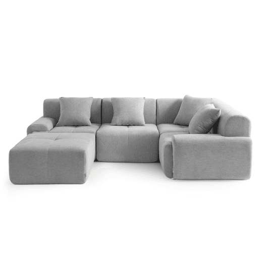 Sofá de canto modular de 4 lugares com chaise longue, tecido chenille na cor cinza mineral