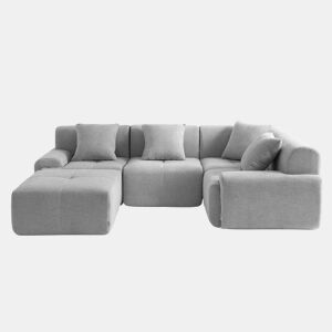 Sofá de canto modular de 4 lugares com chaise longue, tecido chenille na cor cinza mineral