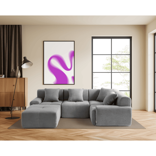 Sofá de canto modular de 4 lugares com chaise longue, tecido chenille na cor cinza mineral