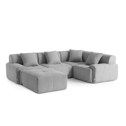 Sofá de canto modular de 4 lugares com chaise longue, tecido chenille na cor cinza mineral