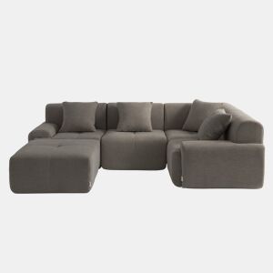 Sofá de canto modular de 4 lugares com chaise longue, tecido chenille na cor castanho acinzentado