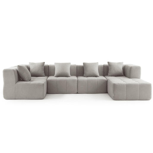 Sofá de canto modular de 5 lugares com chaise longue, tecido bouclé na cor bege pedra