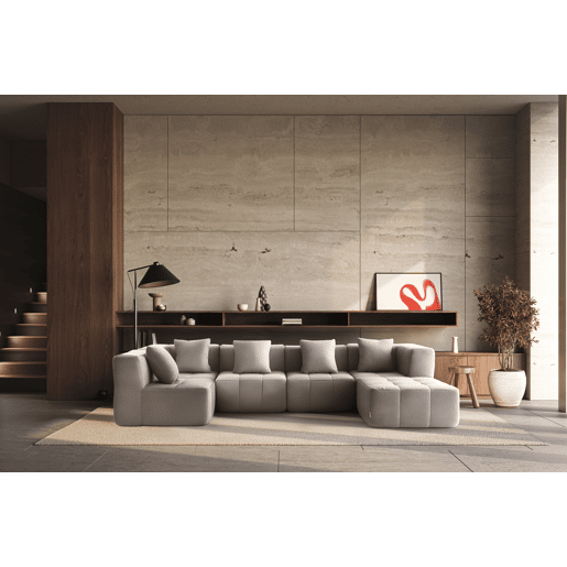 Sofá de canto modular de 5 lugares com chaise longue, tecido bouclé na cor bege pedra