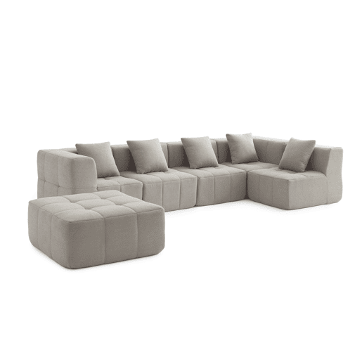 Sofá de canto modular de 5 lugares com chaise longue, tecido bouclé na cor bege pedra