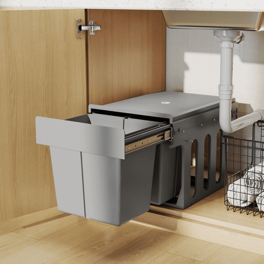 HOMCOM Balde de Lixo Embutido com 3 Recipientes Removíveis Capacidade Total 31L (15L+8Lx2) Fixação Inferior para Reciclagem e Resíduos 48x34,3x35,1 cm Cinzento Claro