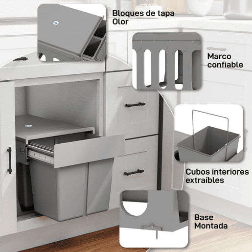 HOMCOM Balde de Lixo Embutido com 3 Recipientes Removíveis Capacidade Total 31L (15L+8Lx2) Fixação Inferior para Reciclagem e Resíduos 48x34,3x35,1 cm Cinzento Claro