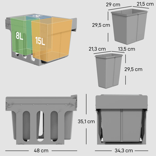 HOMCOM Balde de Lixo Embutido com 3 Recipientes Removíveis Capacidade Total 31L (15L+8Lx2) Fixação Inferior para Reciclagem e Resíduos 48x34,3x35,1 cm Cinzento Claro