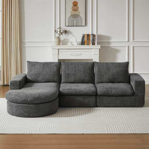 Sofá modular de 3 lugares - Chenille curvada com chaise longue, sem montagem - Cinza