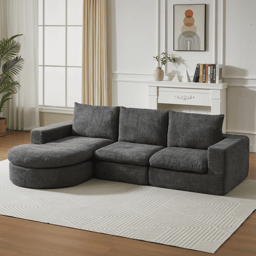 Sofá modular de 3 lugares - Chenille curvada com chaise longue, sem montagem - Cinza