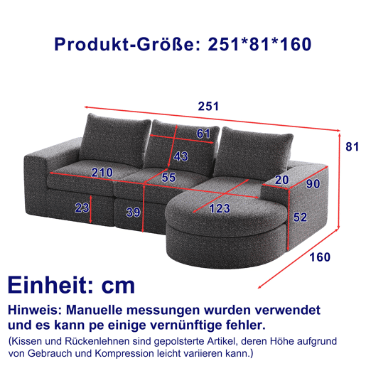 Sofá modular de 3 lugares - Chenille curvada com chaise longue, sem montagem - Cinza
