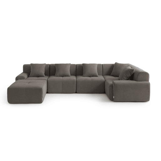 Sofá de canto modular de 5 lugares com chaise longue, tecido chenille na cor castanho acinzentado