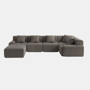Sofá de canto modular de 5 lugares com chaise longue, tecido chenille na cor castanho acinzentado