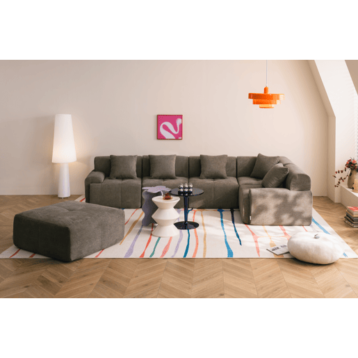 Sofá de canto modular de 5 lugares com chaise longue, tecido chenille na cor castanho acinzentado