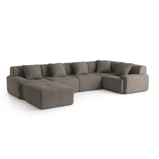 Sofá de canto modular de 5 lugares com chaise longue, tecido chenille na cor castanho acinzentado