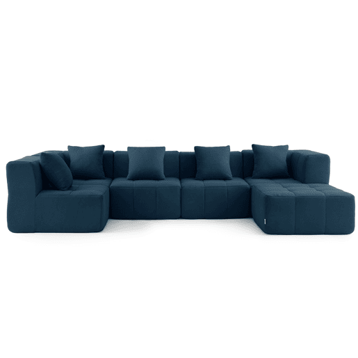 Sofá de canto modular de 5 lugares com chaise longue, tecido bouclé na cor azul profundo