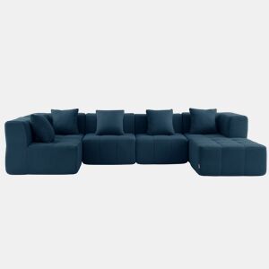 Sofá de canto modular de 5 lugares com chaise longue, tecido bouclé na cor azul profundo
