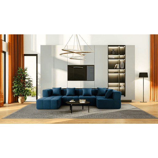 Sofá de canto modular de 5 lugares com chaise longue, tecido bouclé na cor azul profundo