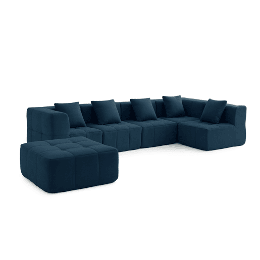 Sofá de canto modular de 5 lugares com chaise longue, tecido bouclé na cor azul profundo