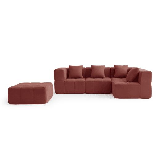 Sofá de canto modular de 4 lugares com chaise longue, tecido bouclé na cor vermelho terracota