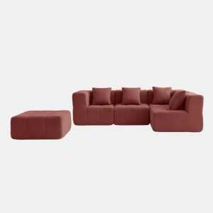 Sofá de canto modular de 4 lugares com chaise longue, tecido bouclé na cor vermelho terracota