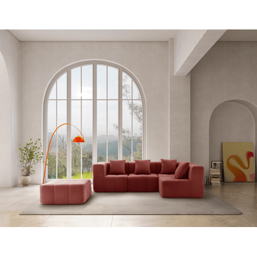 Sofá de canto modular de 4 lugares com chaise longue, tecido bouclé na cor vermelho terracota