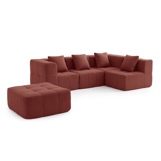 Sofá de canto modular de 4 lugares com chaise longue, tecido bouclé na cor vermelho terracota