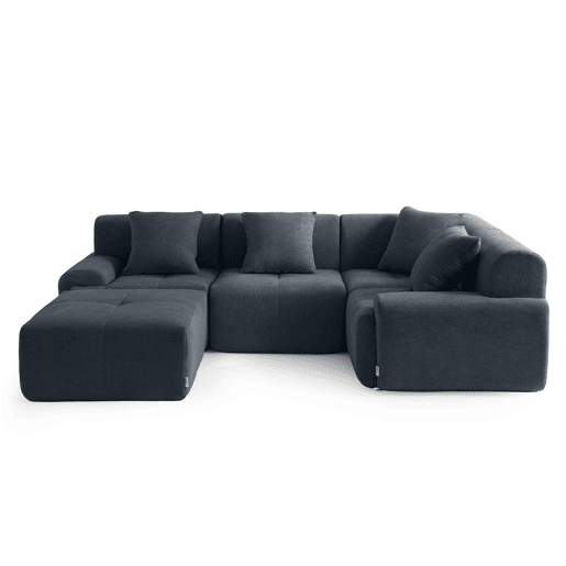 Sofá de canto modular de 4 lugares com chaise longue, tecido chenille na cor azul acinzentado