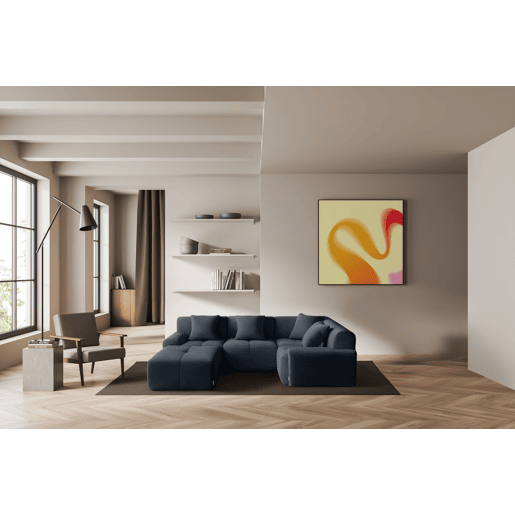 Sofá de canto modular de 4 lugares com chaise longue, tecido chenille na cor azul acinzentado