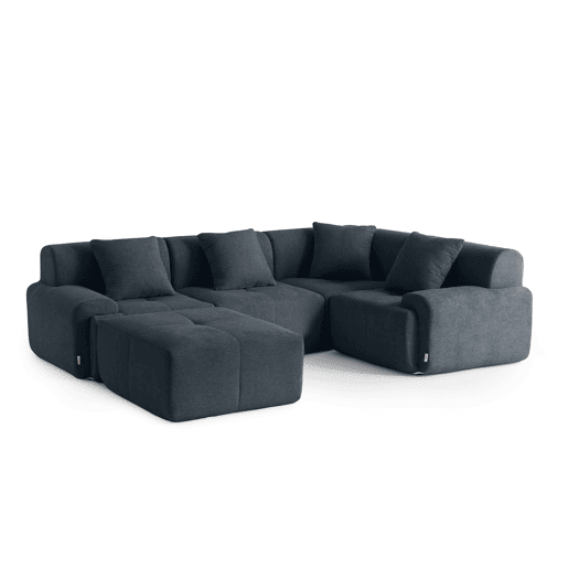 Sofá de canto modular de 4 lugares com chaise longue, tecido chenille na cor azul acinzentado