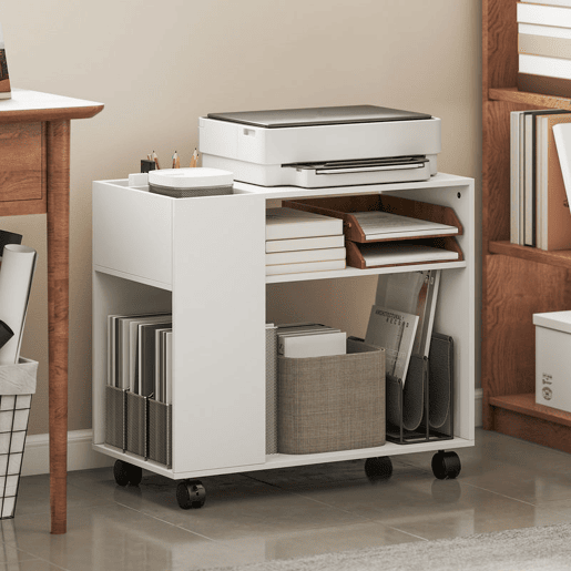 HOMCOM Mesa de Apoio com Rodas Mesa com Compartimentos Superiores e Prateleiras Abertas para Quarto Sala Escritório 70x36x60 cm Branco