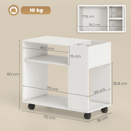 HOMCOM Mesa de Apoio com Rodas Mesa com Compartimentos Superiores e Prateleiras Abertas para Quarto Sala Escritório 70x36x60 cm Branco