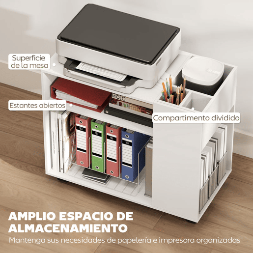 HOMCOM Mesa de Apoio com Rodas Mesa com Compartimentos Superiores e Prateleiras Abertas para Quarto Sala Escritório 70x36x60 cm Branco