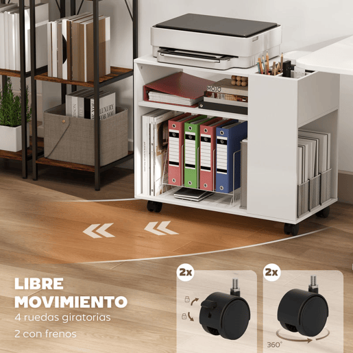 HOMCOM Mesa de Apoio com Rodas Mesa com Compartimentos Superiores e Prateleiras Abertas para Quarto Sala Escritório 70x36x60 cm Branco