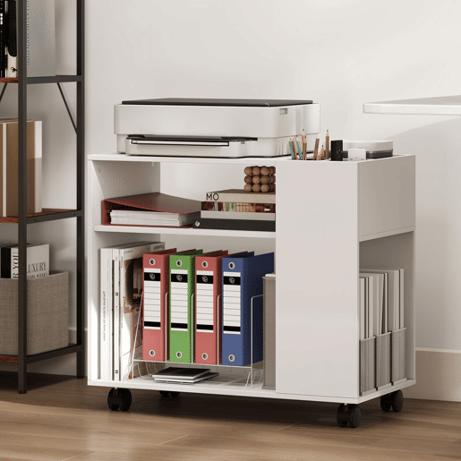 HOMCOM Mesa de Apoio com Rodas Mesa com Compartimentos Superiores e Prateleiras Abertas para Quarto Sala Escritório 70x36x60 cm Branco