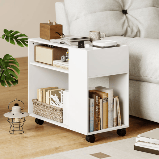 HOMCOM Mesa de Apoio com Rodas Mesa com Compartimentos Superiores e Prateleiras Abertas para Quarto Sala Escritório 70x36x60 cm Branco