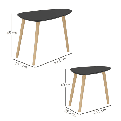 HOMCOM Conjunto de 2 Mesas Auxiliares com Pés de Madeira Mesas de Café para Sala de Estar Dormitório Escritório 59,5x39,5x45 cm e 44,5x28,5x40 cm Preto