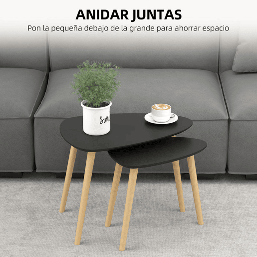 HOMCOM Conjunto de 2 Mesas Auxiliares com Pés de Madeira Mesas de Café para Sala de Estar Dormitório Escritório 59,5x39,5x45 cm e 44,5x28,5x40 cm Preto