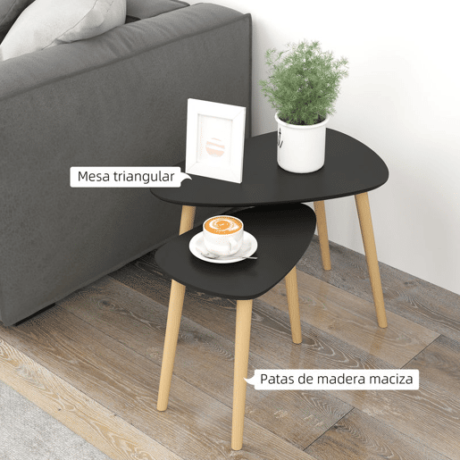 HOMCOM Conjunto de 2 Mesas Auxiliares com Pés de Madeira Mesas de Café para Sala de Estar Dormitório Escritório 59,5x39,5x45 cm e 44,5x28,5x40 cm Preto