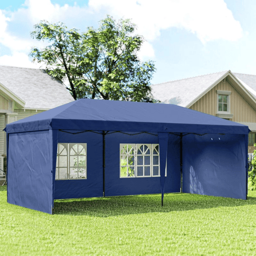 Outsunny Tenda Dobrável 6x3 m Pop-up com 4 Laterais Desmontáveis Tenda de Jardim com 2 Janelas Visíveis Saco de Transporte Impermeável Anti-UV Tenda para Campismo Festas Exterior Azul