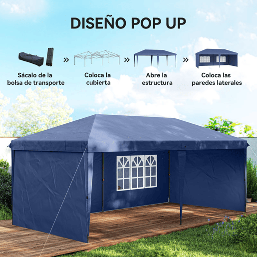 Outsunny Tenda Dobrável 6x3 m Pop-up com 4 Laterais Desmontáveis Tenda de Jardim com 2 Janelas Visíveis Saco de Transporte Impermeável Anti-UV Tenda para Campismo Festas Exterior Azul