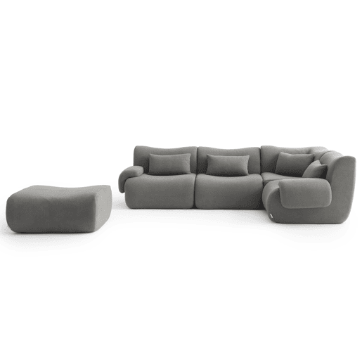 Sofá de canto modular de 4 lugares com chaise longue, tecido bouclé na cor cinza nuvem